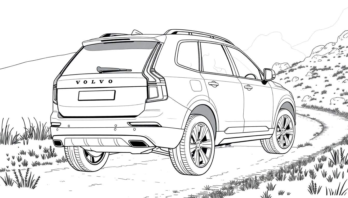 SUV Volvo blanc de l'arrière sur un chemin de terre, prêt à être colorisé.