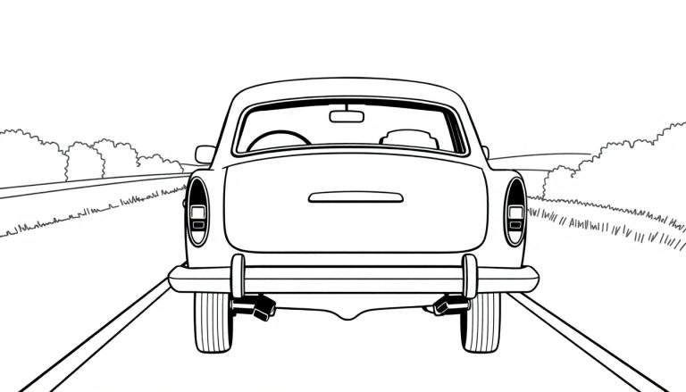 Voiture classique Volvo en noir et blanc, vue de l'arrière sur une route avec de la végétation, style coloriage.