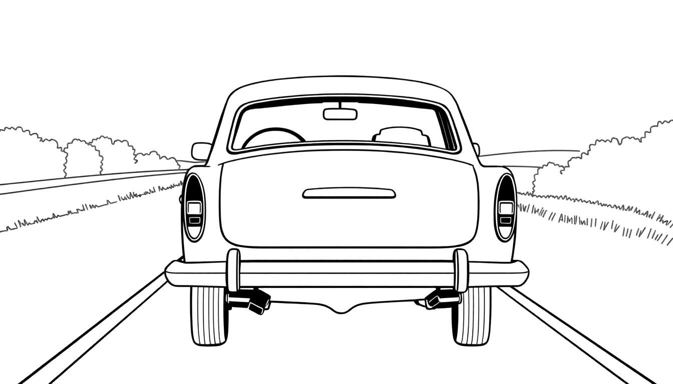 Voiture classique Volvo en noir et blanc, vue de l'arrière sur une route avec de la végétation, style coloriage.