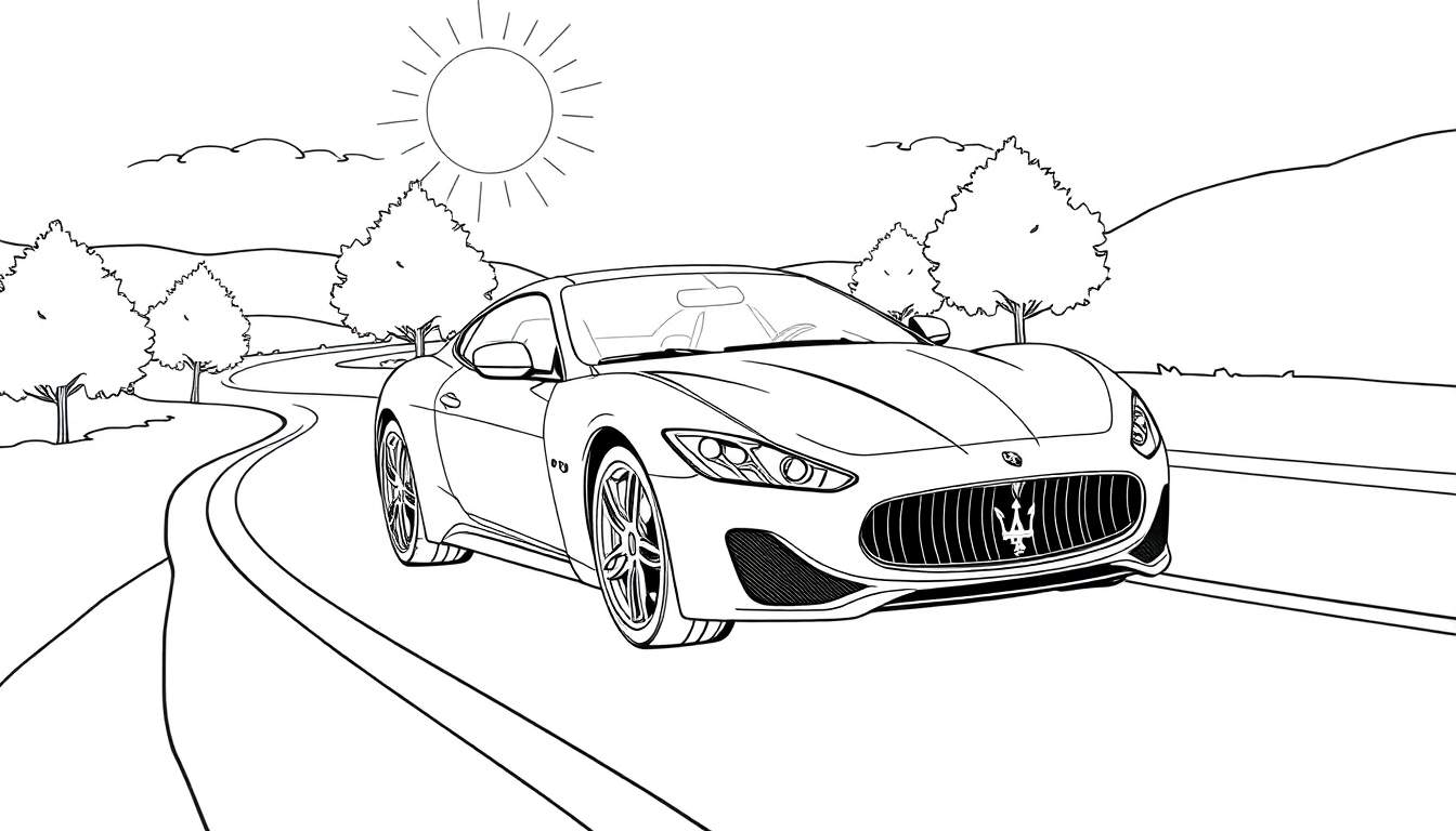 Dessin au trait d'une voiture de sport Maserati GranTurismo sur une route de campagne ensoleillée, prêt pour un color panel.