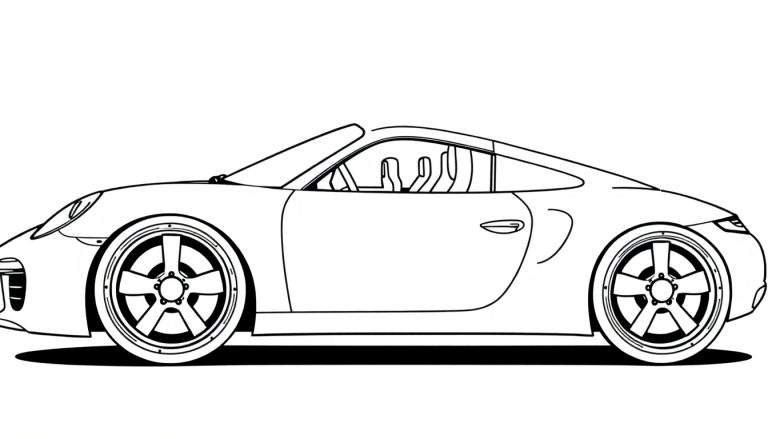 Dessin au trait d'une voiture de sport de profil, intérieur visible, avec une ombre.