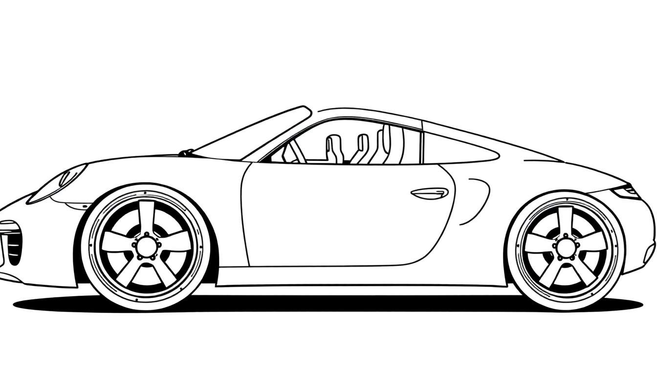 Dessin au trait d'une voiture de sport de profil, intérieur visible, avec une ombre.