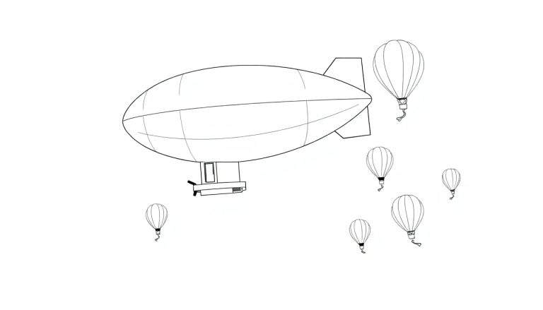 Dirigeable et montgolfières dans le ciel, avec un panneau de couleurs.