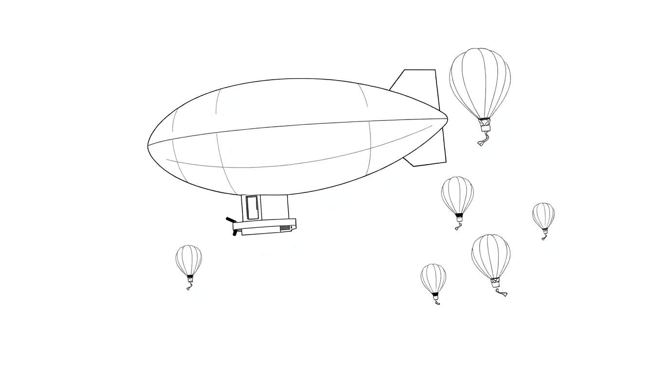 Dirigeable et montgolfières dans le ciel, avec un panneau de couleurs.