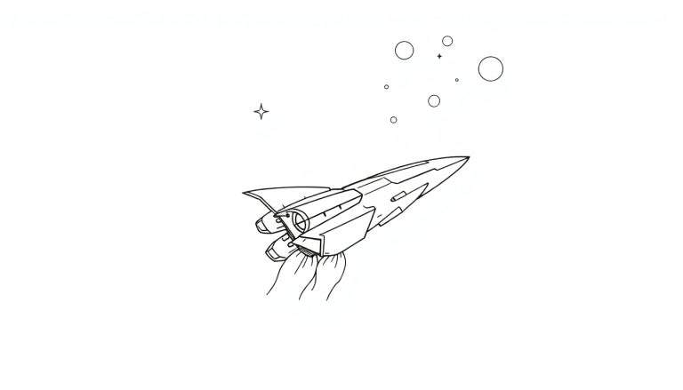 Un vaisseau spatial noir et blanc stylisé s'élance dans un espace blanc, avec des traînées de propulsion et des planètes stylisées en arrière-plan. Ce color panel est prêt pour l'imagination.