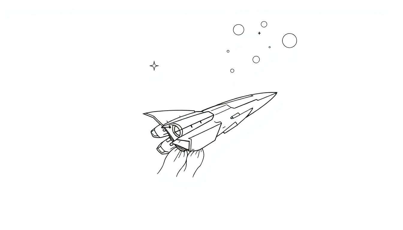 Un vaisseau spatial noir et blanc stylisé s'élance dans un espace blanc, avec des traînées de propulsion et des planètes stylisées en arrière-plan. Ce color panel est prêt pour l'imagination.