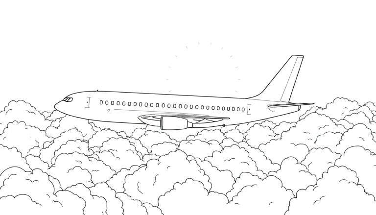 Dessin au trait d'un avion volant au-dessus des nuages avec un effet de lumière.