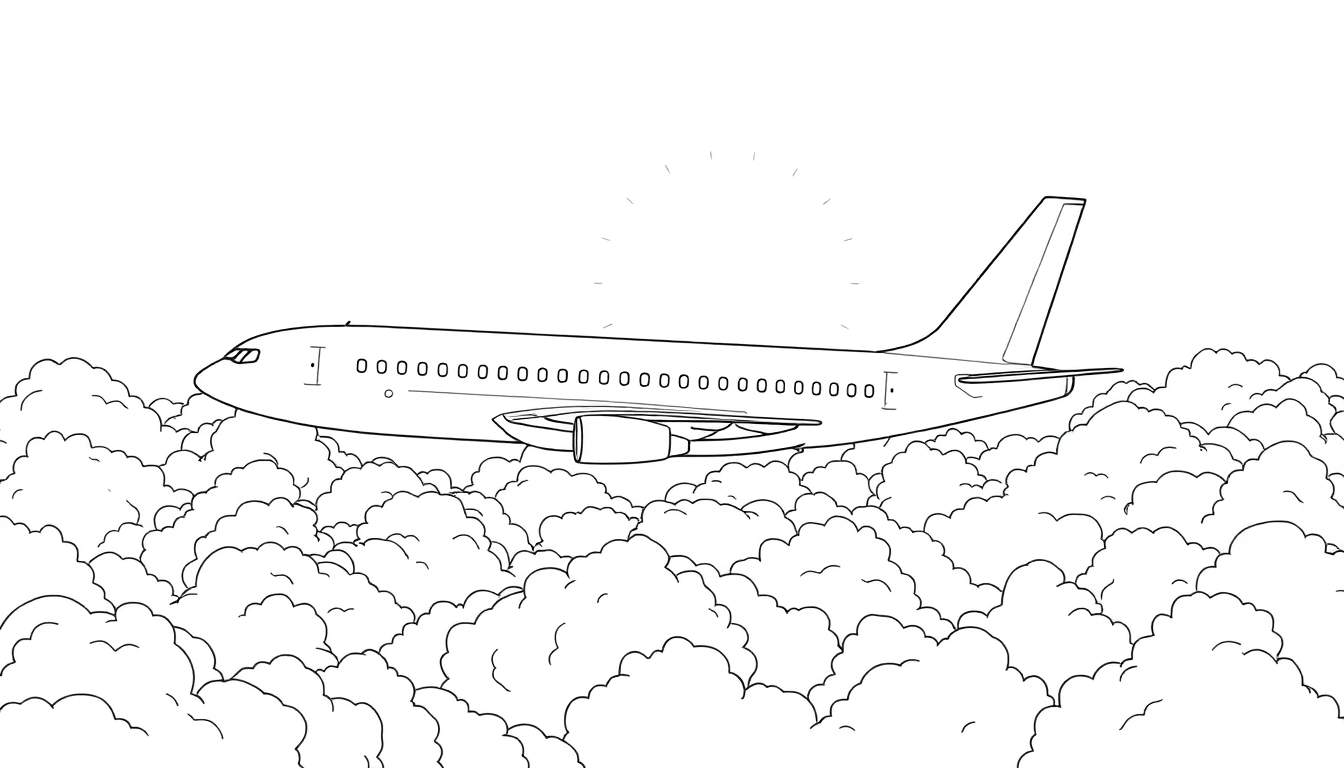 Dessin au trait d'un avion volant au-dessus des nuages avec un effet de lumière.