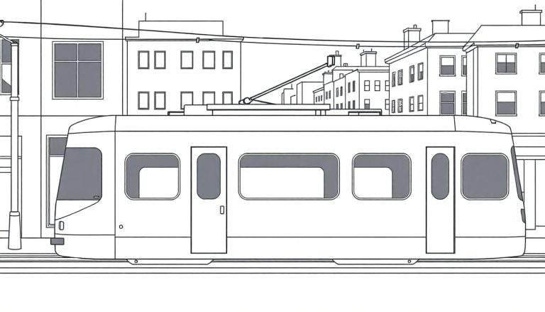 Dessin au trait d'un tramway moderne blanc avec des fenêtres grises sur des rails dans un décor urbain en noir et blanc, suggérant un color panel.