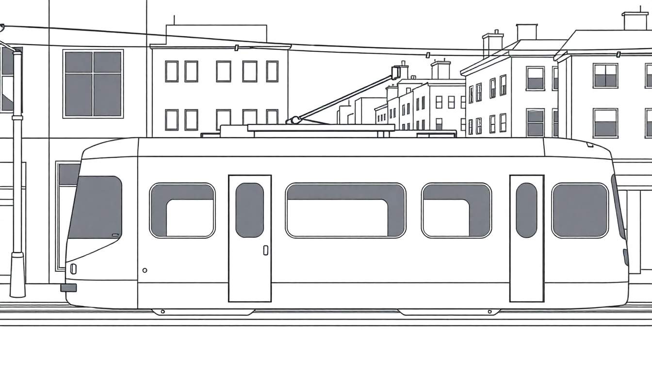 Dessin au trait d'un tramway moderne blanc avec des fenêtres grises sur des rails dans un décor urbain en noir et blanc, suggérant un color panel.
