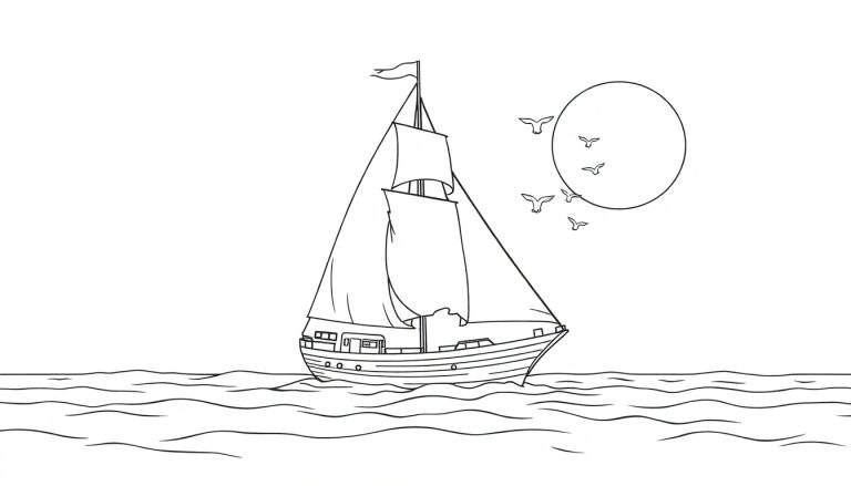 Un dessin au trait minimaliste d'un voilier avec deux voiles, des mouettes volant autour d'un cercle brillant, et des lignes ondulées représentant l'eau. Le dessin est en noir et blanc avec un possible color panel pour les détails.