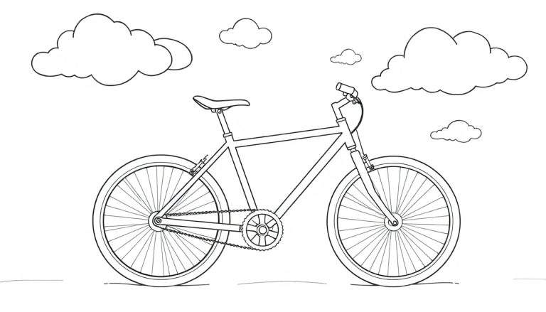 Un dessin au trait d'un vélo sous un ciel avec des nuages, parfait pour un color panel.