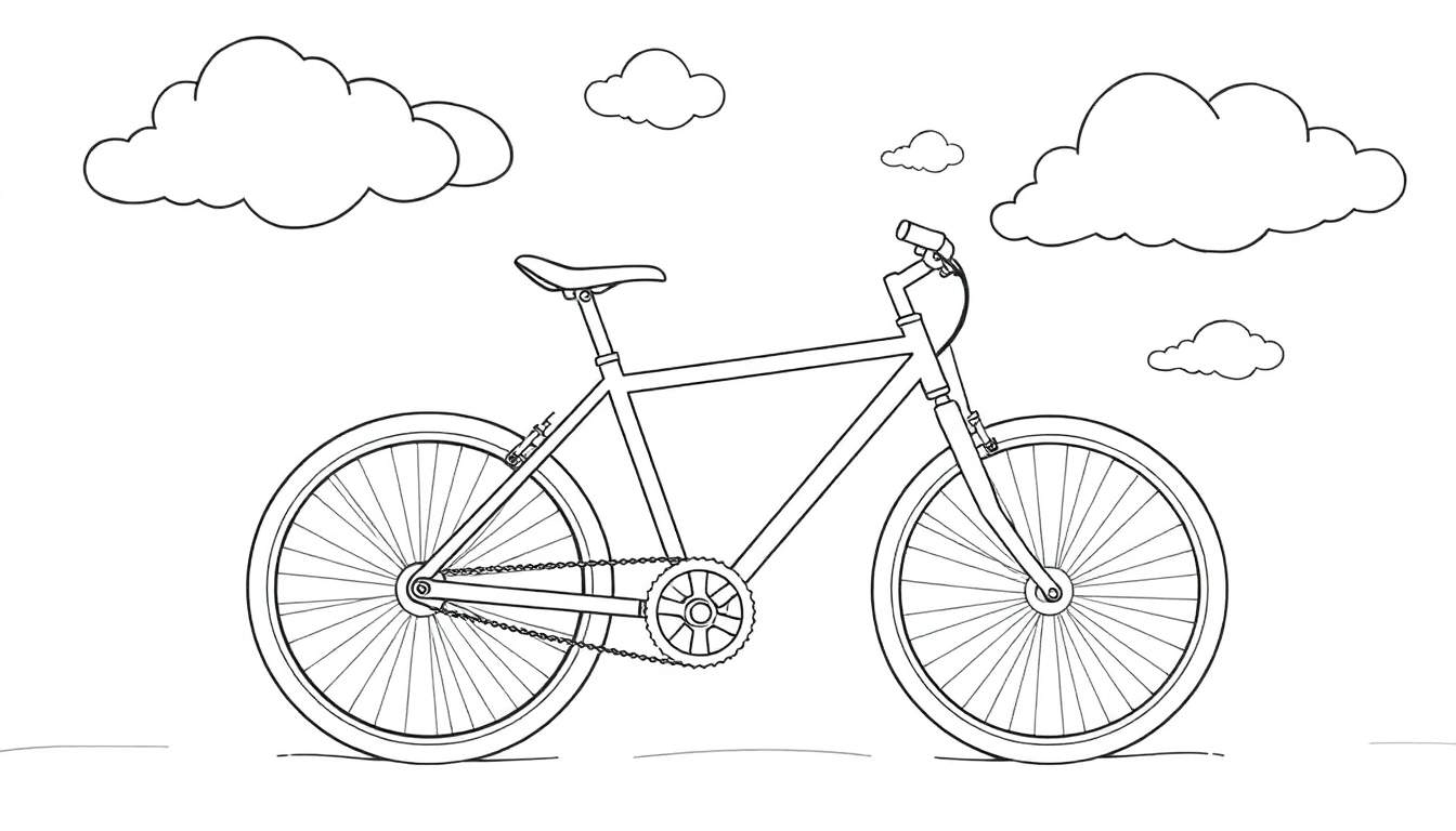 Un dessin au trait d'un vélo sous un ciel avec des nuages, parfait pour un color panel.