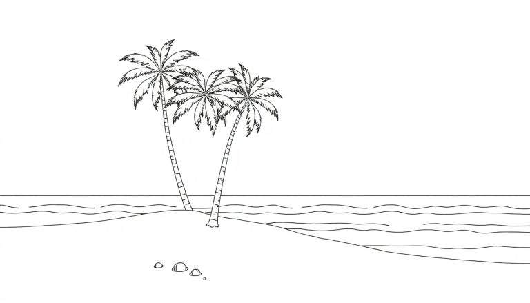 Une plage tropicale en noir et blanc avec deux palmiers élancés et la mer en arrière-plan.