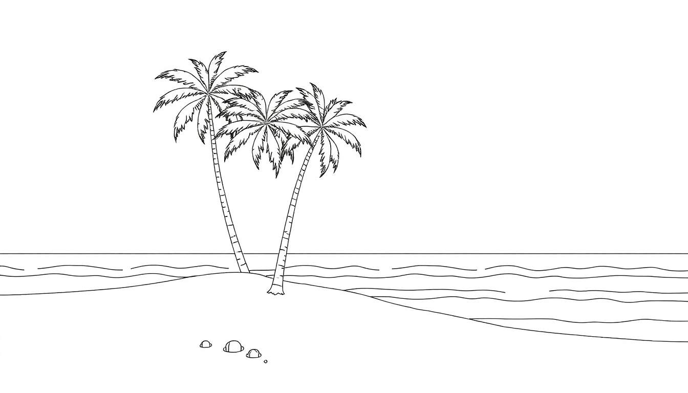 Une plage tropicale en noir et blanc avec deux palmiers élancés et la mer en arrière-plan.