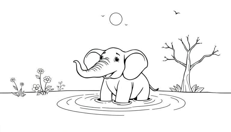 Un éléphant heureux dans une flaque d'eau, avec des fleurs, un arbre et des oiseaux.