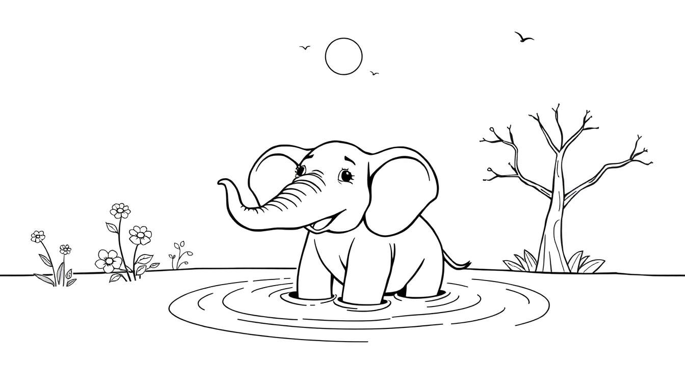 Un éléphant heureux dans une flaque d'eau, avec des fleurs, un arbre et des oiseaux.