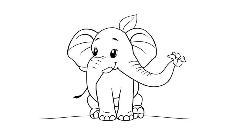 Un éléphant de dessin animé assis avec une fleur dans sa trompe, prêt à être coloré sur un color panel.
