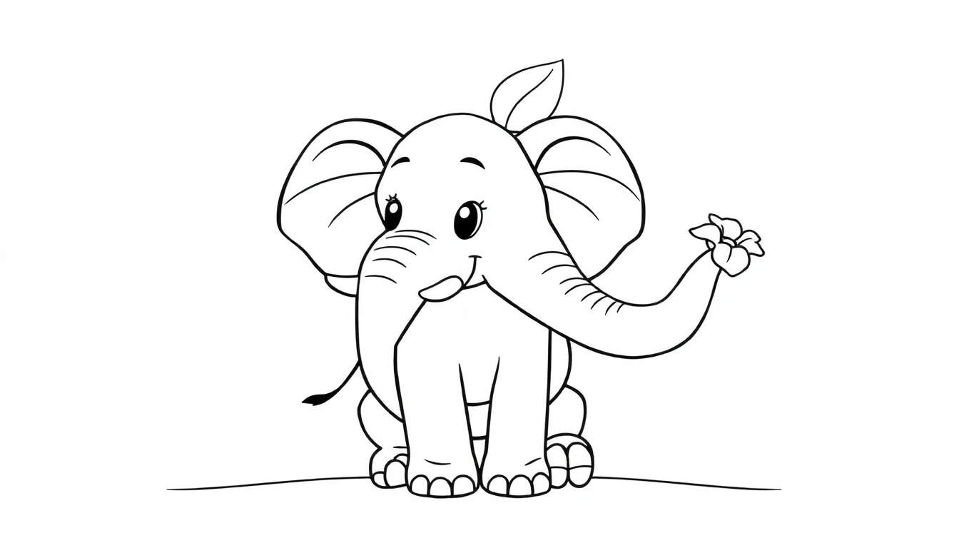 Un éléphant de dessin animé assis avec une fleur dans sa trompe, prêt à être coloré sur un color panel.