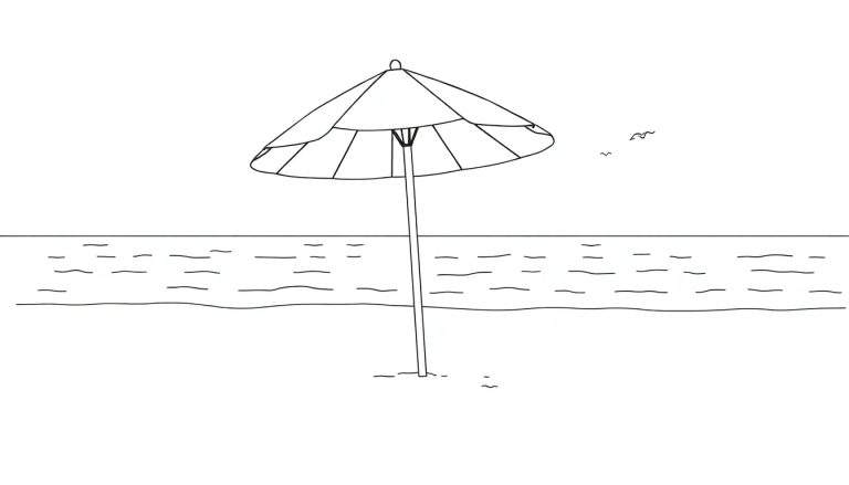 Plage en noir et blanc avec un parasol, l'océan et des oiseaux dans le ciel.