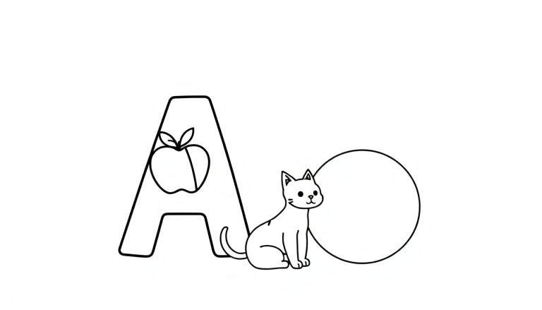 Dessin d'un chat entre les lettres A et O, avec une pomme dans la lettre A. Panneau de coloriage.