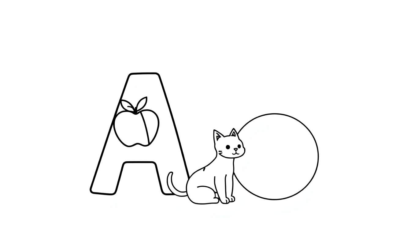 Dessin d'un chat entre les lettres A et O, avec une pomme dans la lettre A. Panneau de coloriage.