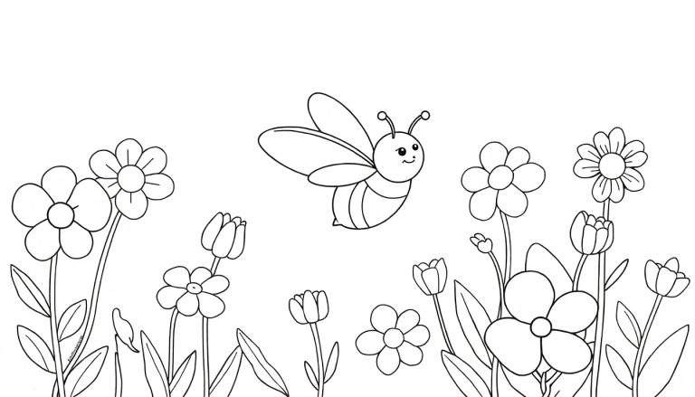 Dessin au trait d'une abeille joyeuse volant dans un champ de marguerites et de tulipes avec des feuilles vertes sur fond blanc.