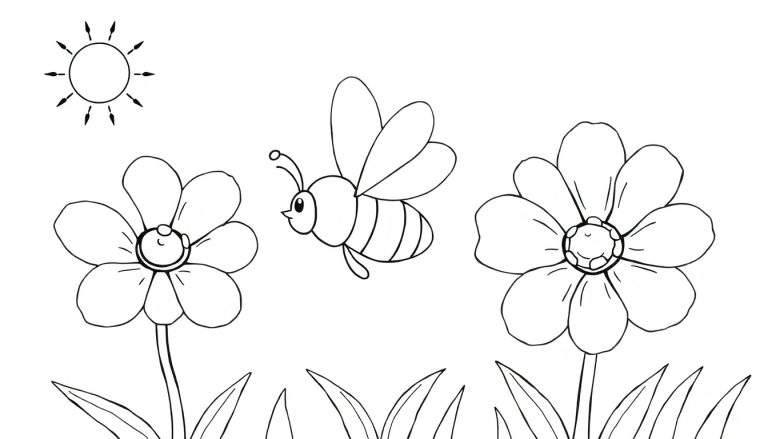 Dessin au trait d'une abeille volant entre deux fleurs avec un soleil et de l'herbe, page à colorier.