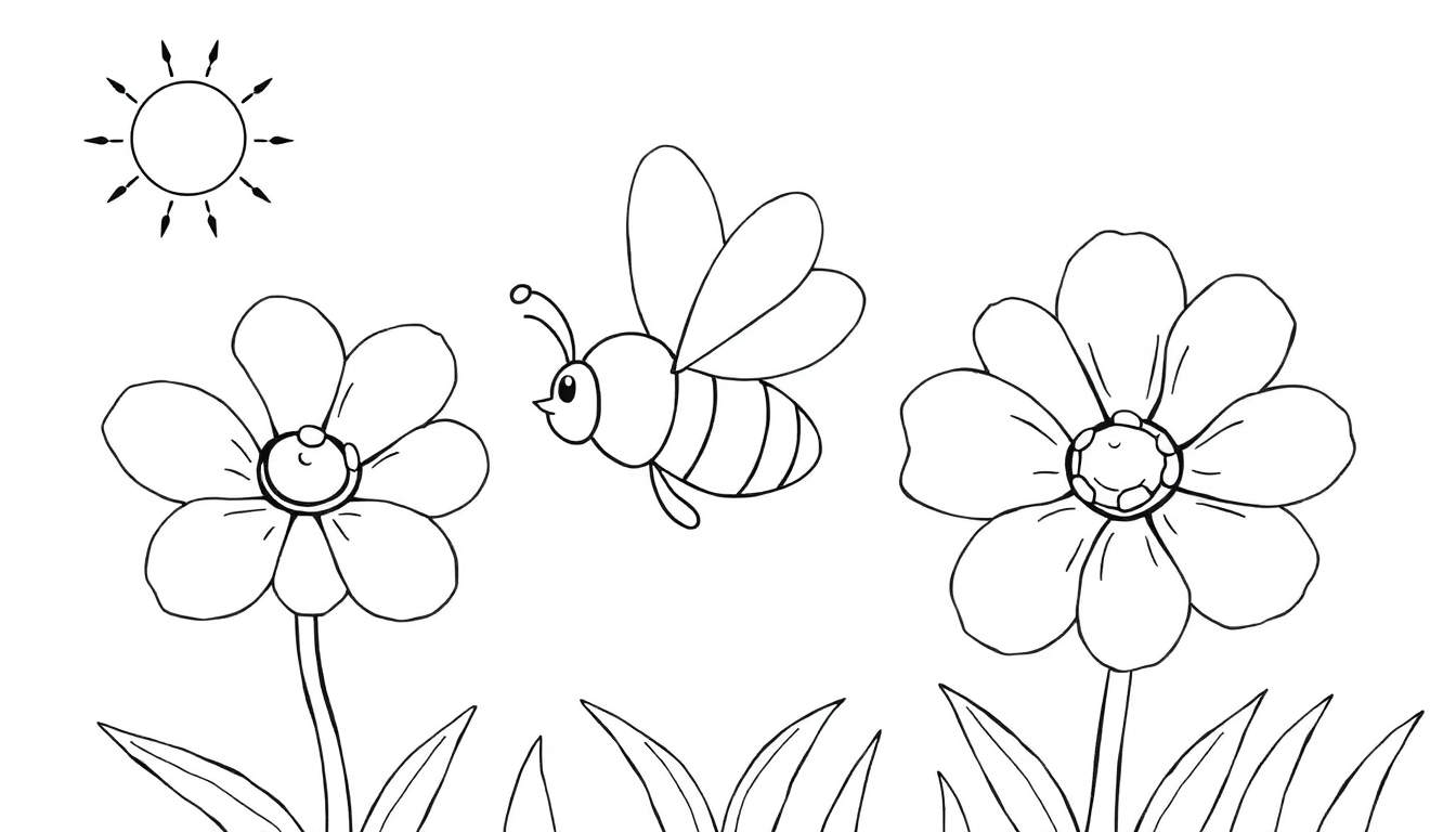 Dessin au trait d'une abeille volant entre deux fleurs avec un soleil et de l'herbe, page à colorier.