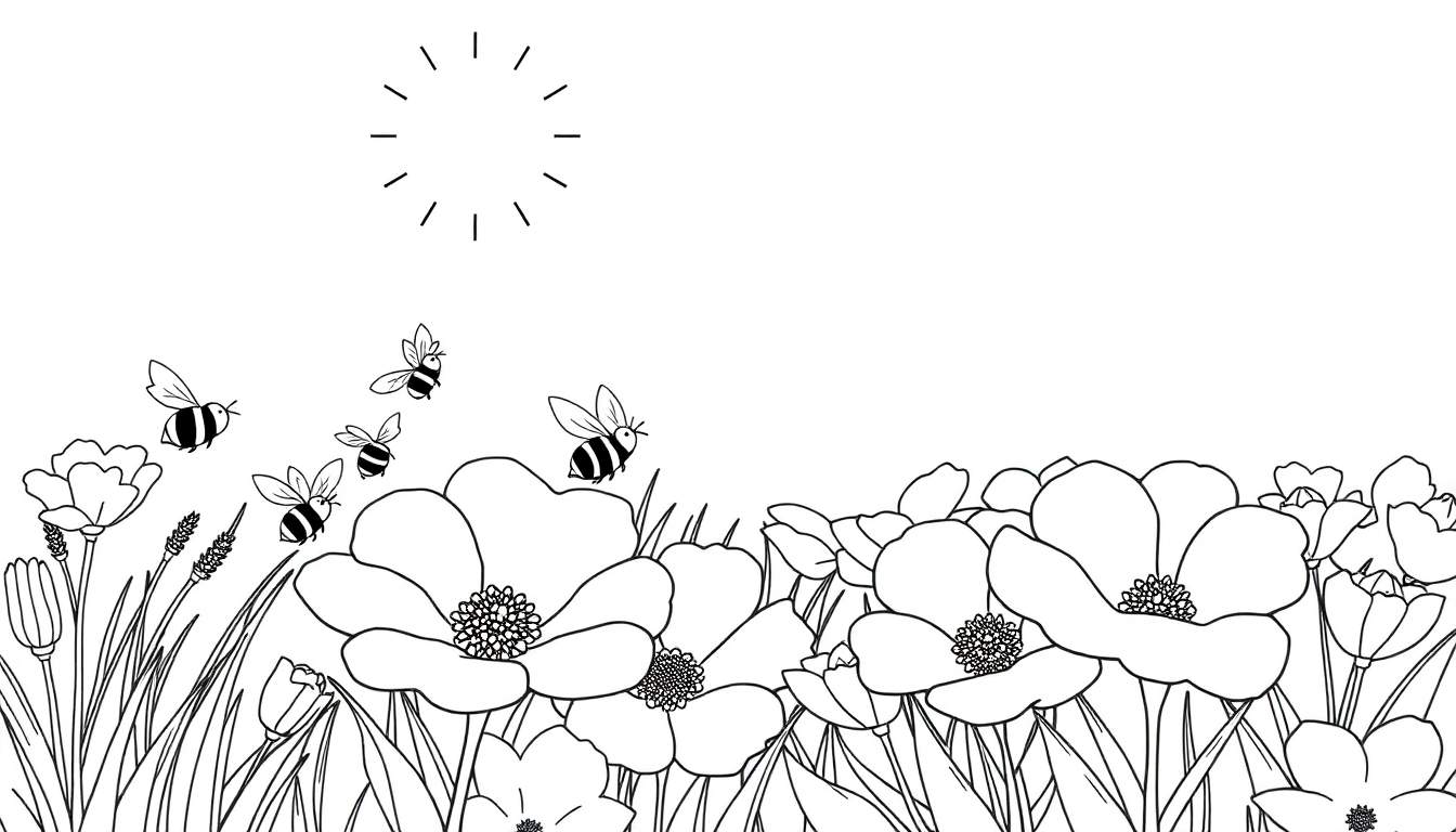 Un dessin au trait d'un champ ensoleillé avec des fleurs, des herbes et des abeilles volantes. Panneau de coloriage.