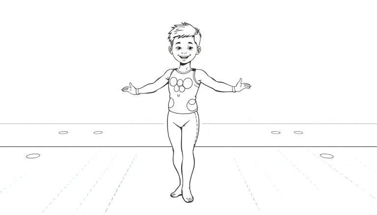 Un jeune garçon aux cheveux coiffés, souriant, bras tendus pour une accolade, portant un maillot de corps et des leggings décorés de cercles.