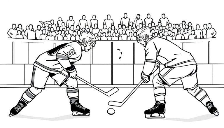 Deux joueurs de hockey sur glace se disputant le palet, avec une foule en arrière-plan.