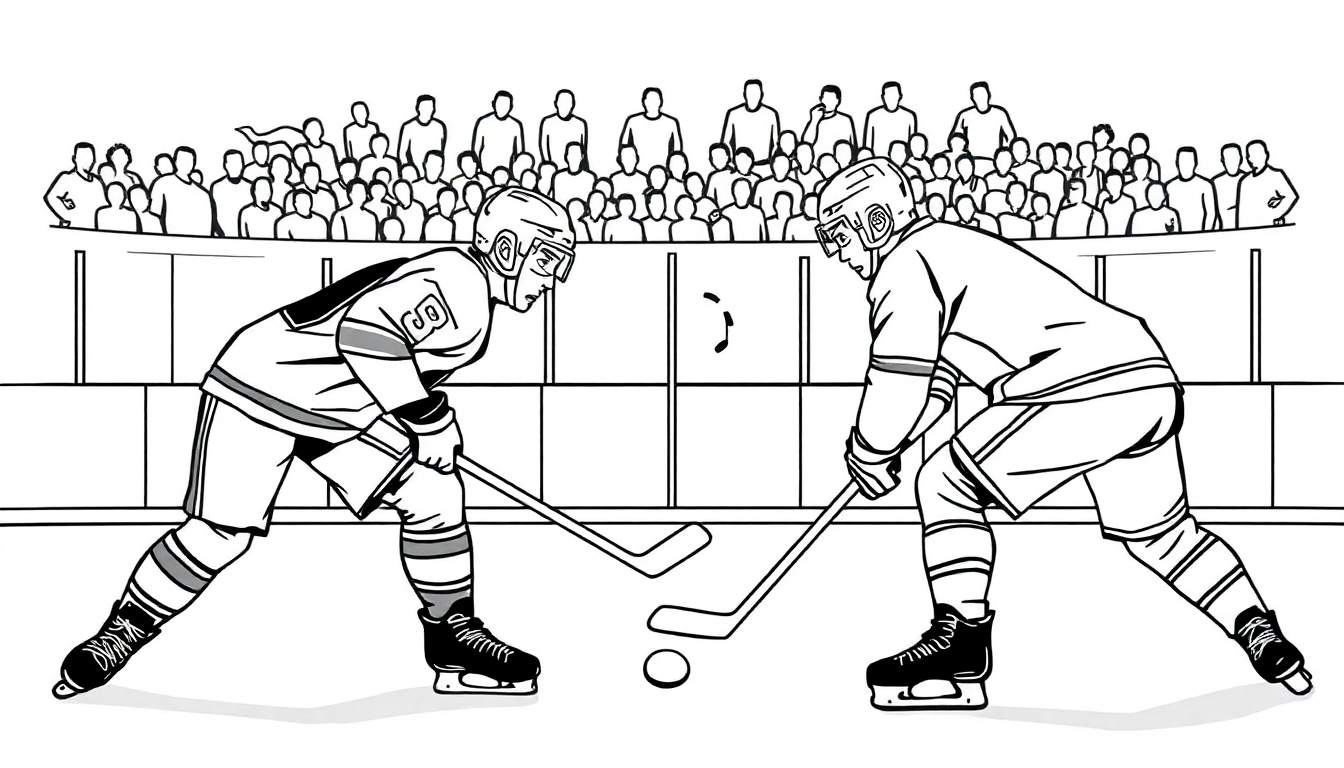Deux joueurs de hockey sur glace se disputant le palet, avec une foule en arrière-plan.