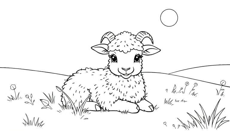 Un agneau bouclé couché dans un champ de fleurs, prêt à être coloré dans un color panel.