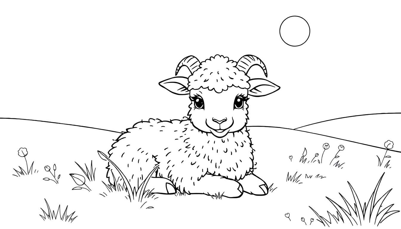 Un agneau bouclé couché dans un champ de fleurs, prêt à être coloré dans un color panel.