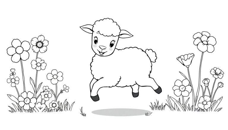 Dessin au trait d'un agneau bondissant joyeusement dans un pré fleuri, prêt à être coloré dans le color panel.