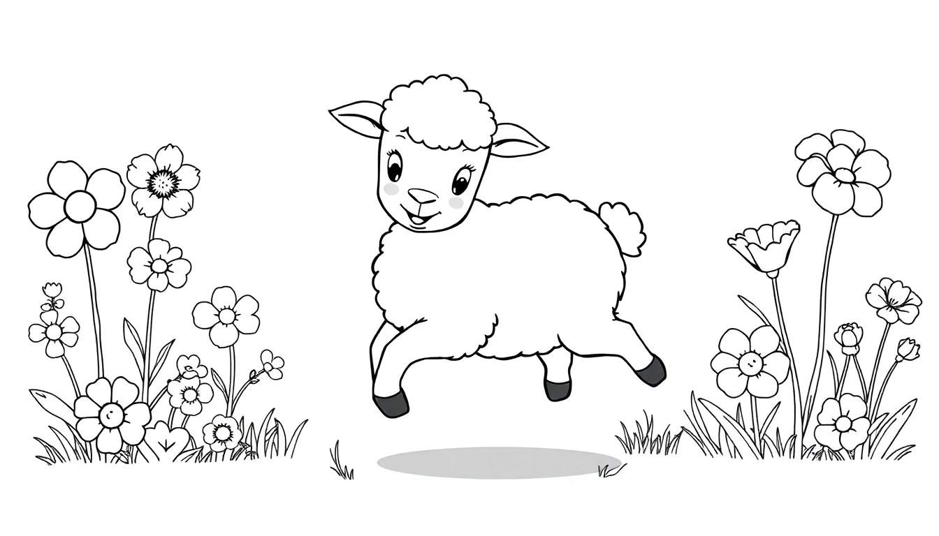 Dessin au trait d'un agneau bondissant joyeusement dans un pré fleuri, prêt à être coloré dans le color panel.