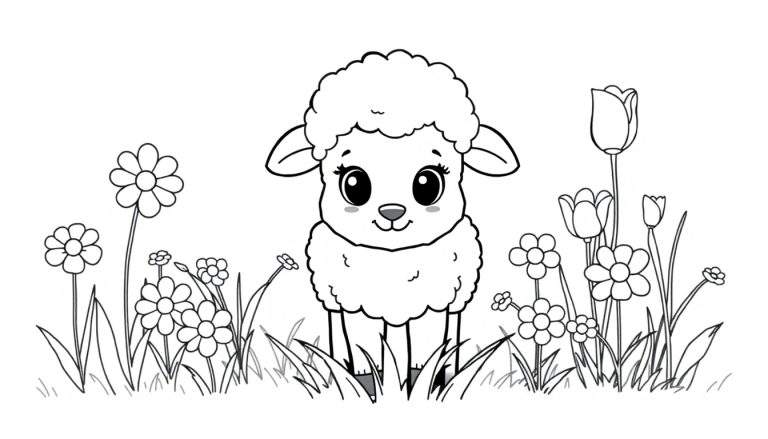Un dessin au trait d'un agneau mignon dans un champ de fleurs, conçu comme un color panel.