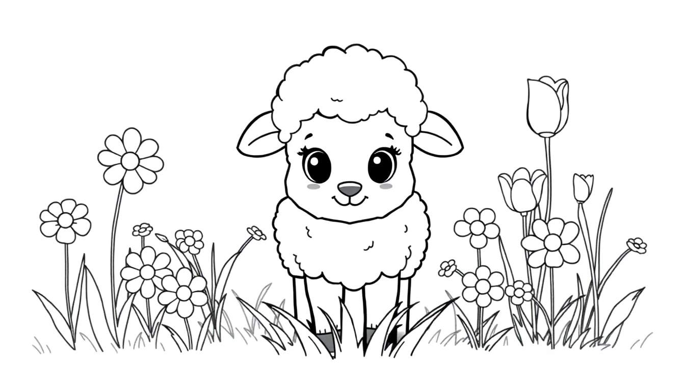 Un dessin au trait d'un agneau mignon dans un champ de fleurs, conçu comme un color panel.