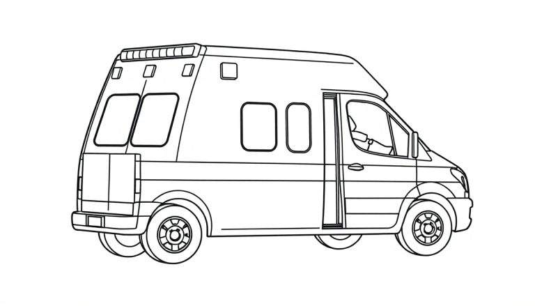 Dessin au trait d'une ambulance avec la porte avant ouverte, prête à être coloriée, montrant des lumières d'urgence et un panneau de couleur.