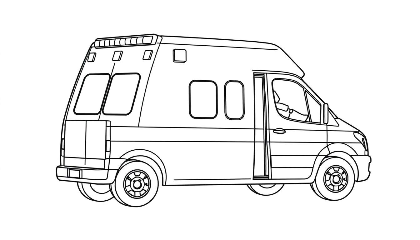 Dessin au trait d'une ambulance avec la porte avant ouverte, prête à être coloriée, montrant des lumières d'urgence et un panneau de couleur.