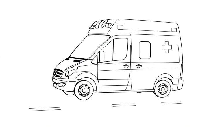 Dessin au trait d'une ambulance rouge avec une croix médicale.