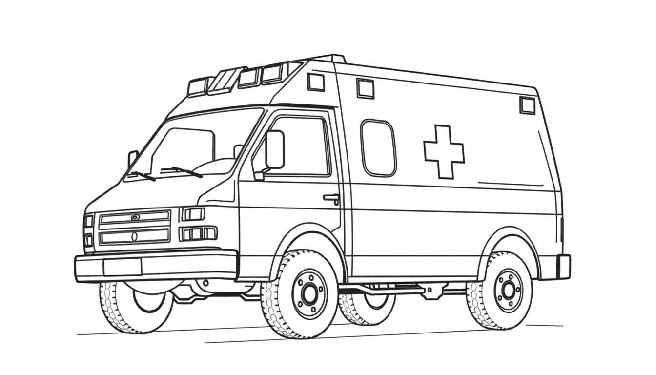 Dessin au trait d'une ambulance, avec une croix sur le côté, prête à être coloriée sur un color panel.