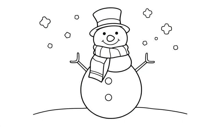 Bonhomme de neige noir et blanc avec chapeau, écharpe et carotte comme nez, entouré de flocons de neige.