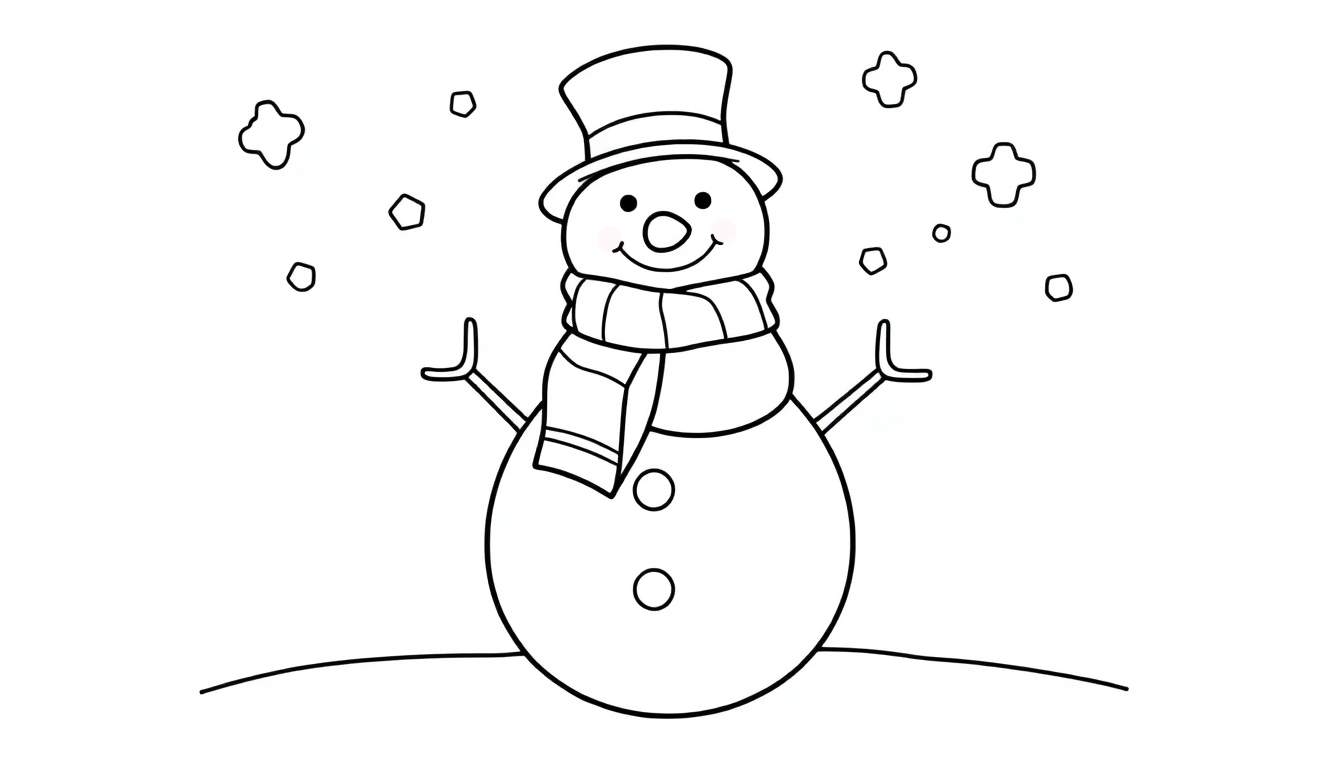 Bonhomme de neige noir et blanc avec chapeau, écharpe et carotte comme nez, entouré de flocons de neige.