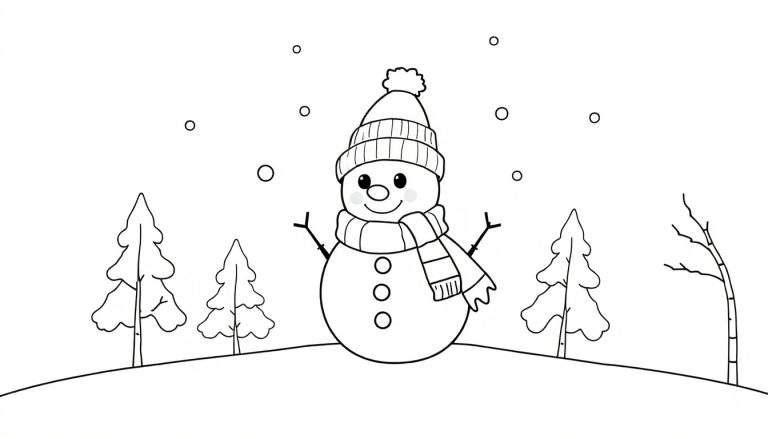 Bonhomme de neige souriant avec un chapeau et une écharpe dans un paysage hivernal enneigé avec des flocons tombant, un dessin au trait en noir et blanc.