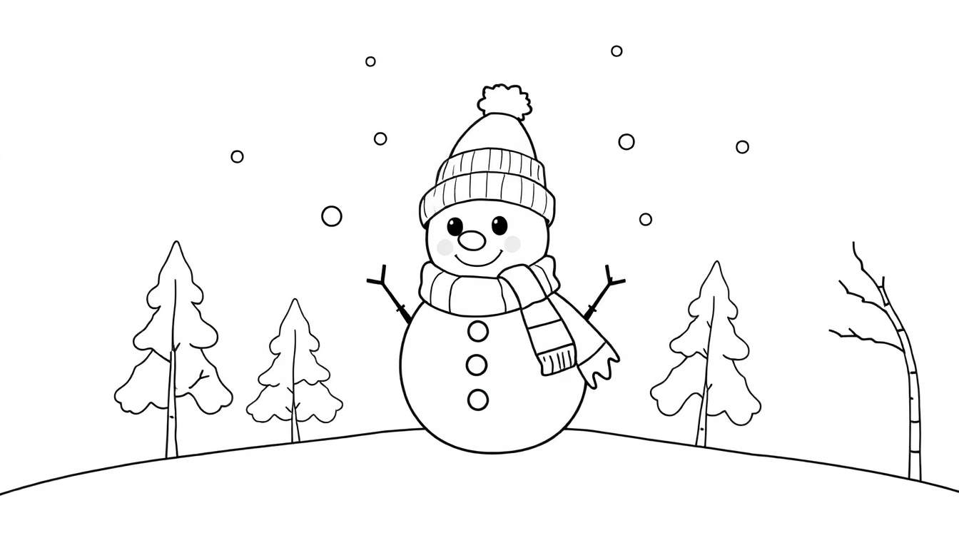 Bonhomme de neige souriant avec un chapeau et une écharpe dans un paysage hivernal enneigé avec des flocons tombant, un dessin au trait en noir et blanc.