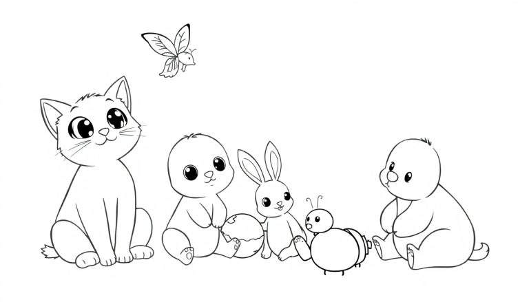Page de coloriage avec un chat, un ours, un lapin et un insecte.
