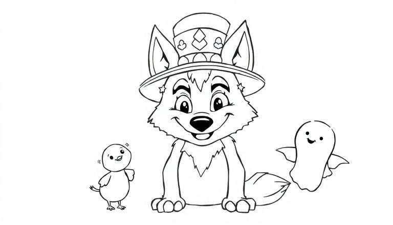 Dessin au trait d'un loup joyeux avec un chapeau haut-de-forme, à côté d'un poussin et d'un fantôme amical.