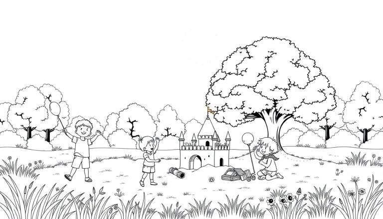Page de coloriage : enfants jouant dans un parc avec un château de sable.